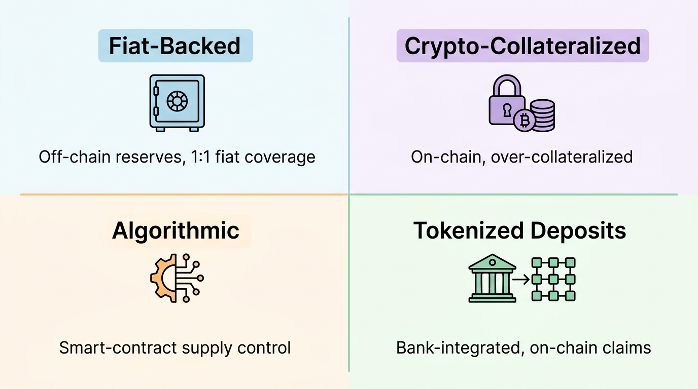 Four stablecoin issuance models: fiat-backed, crypto-collateralized, algorithmic, and tokenized deposits