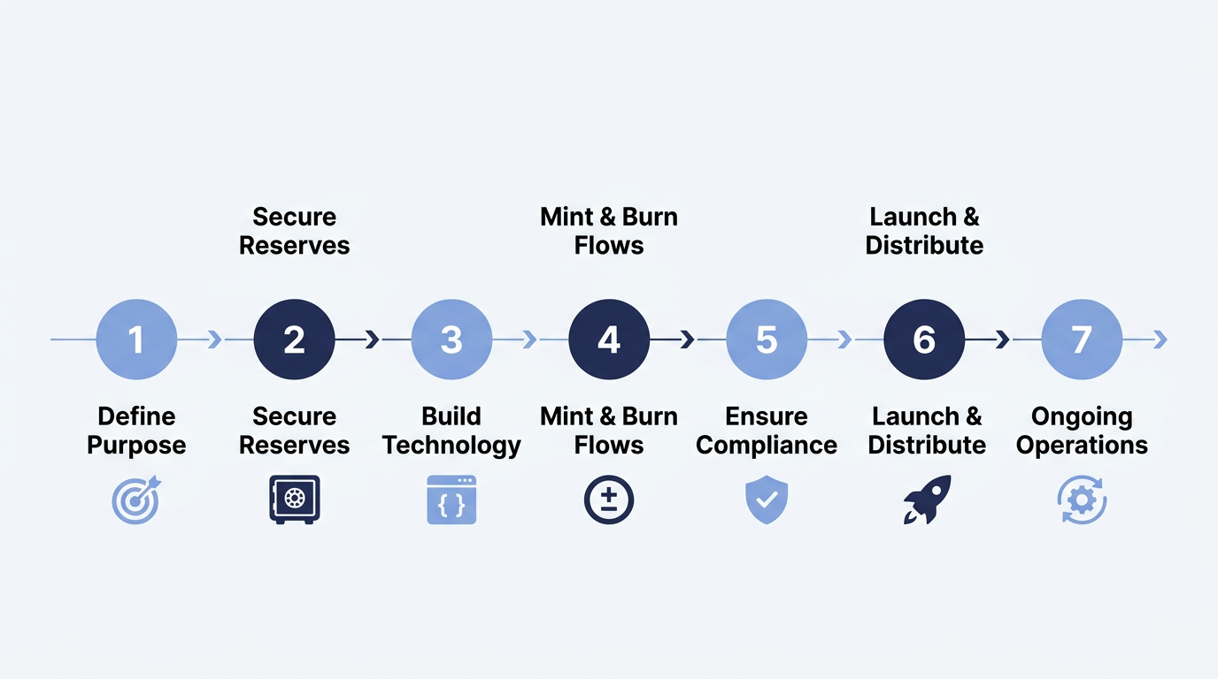 7-step roadmap for launching a stablecoin: define purpose, secure reserves, build technology, set up mint/burn flows, ensure compliance, launch and distribute, ongoing operations