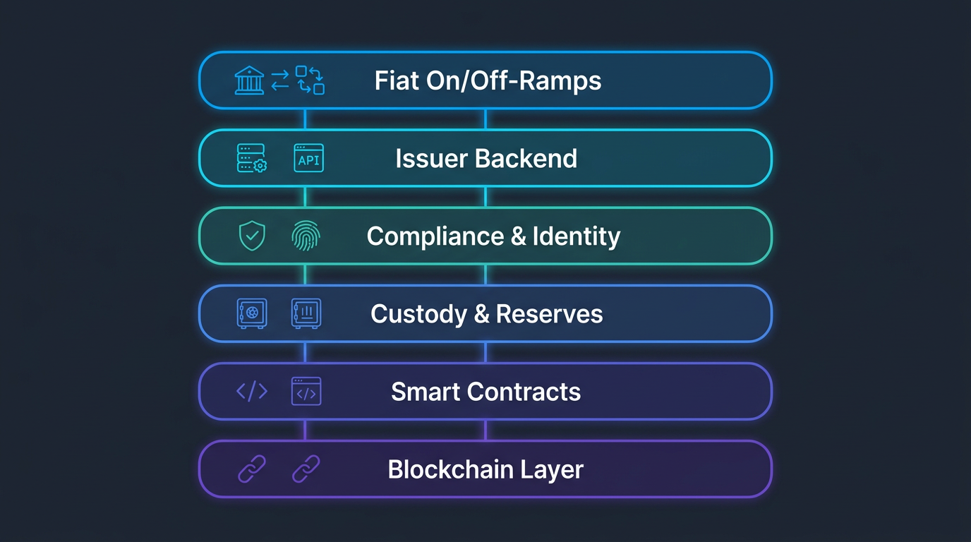 Layered architecture diagram of the modern stablecoin technology stack, from blockchain layer up to fiat on/off-ramps